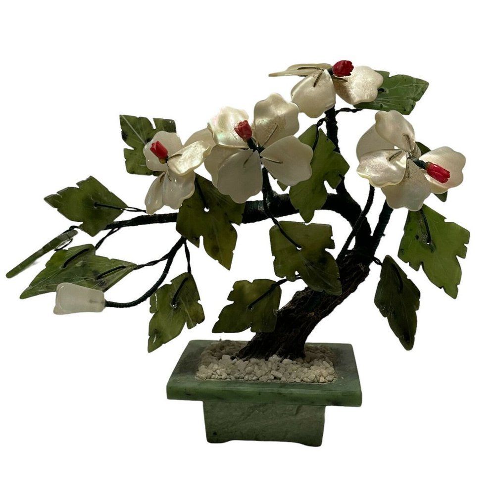 Vintage Jade Glass Mother Of Pearl Abalone Bonsai Tree Marble Planter Desk Plant